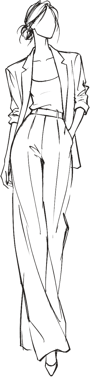 Minimalist line sketch of a woman in a tailored blazer and wide-leg trousers